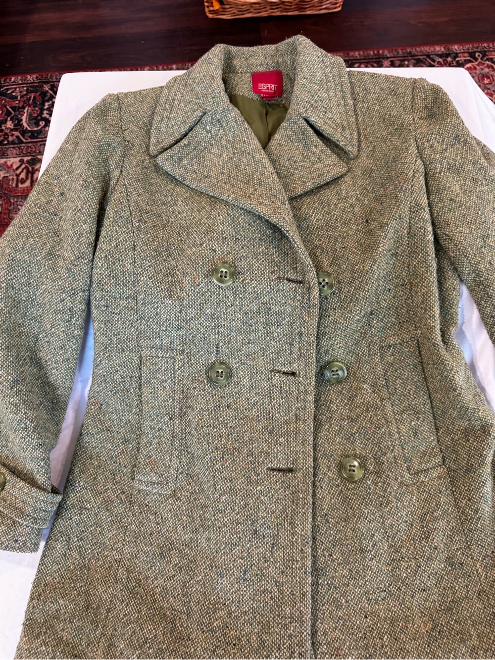 Vtg Esprit Olive Green Wool Blend Tweed Pea Coat Small Donegal Fleck Boho